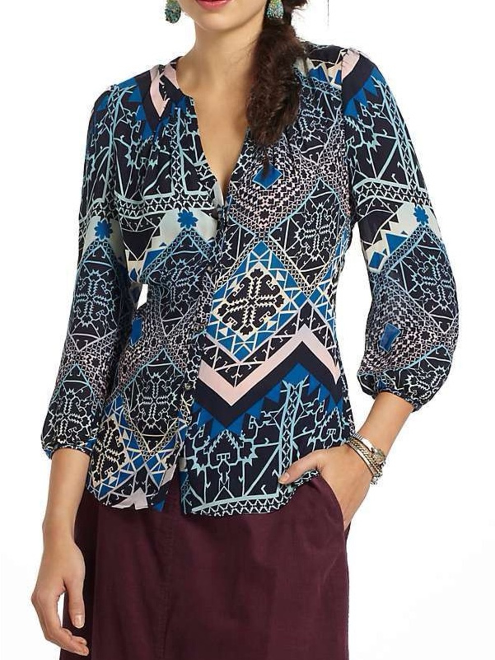 Anthropologie Leifsdottir Tribal Geometric Print Silk Top Boho Cottage Size 6